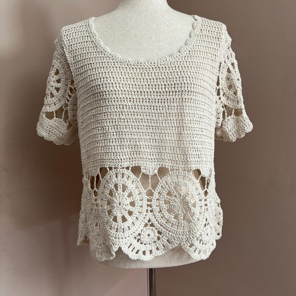 Solitaire Cream Crochet Lace Top Boho Festival Cottagecore Open Knit Romantic XL